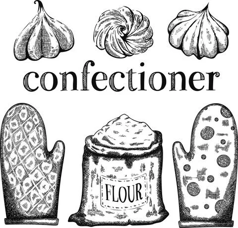 Etching vintage vector set with macaroon, cake, spoon, hand and cook's hat Stock Illustration