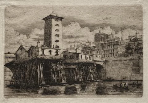 Etchings of Paris: The Notre Dame Pump, 1852. Charles Meryon (French, 1821-.. Illustrazione stock