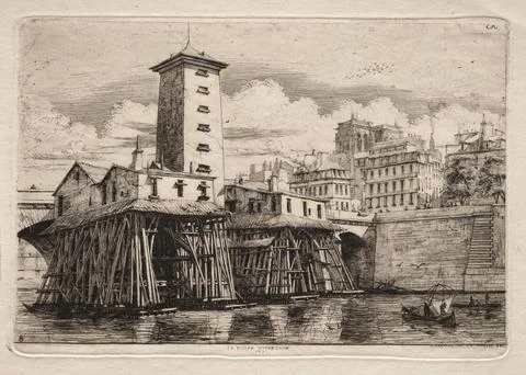 Etchings of Paris: The Notre Dame Pump, 1852. Charles Meryon (French, 1821-.. Illustrazione stock