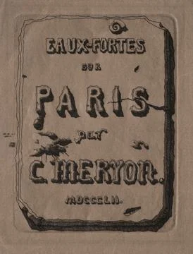 Etchings of Paris: Title Page, 1852. Charles Meryon (French, 1821-1868). Et.. 스톡 일러스트
