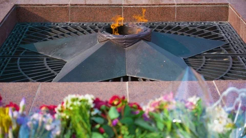 Eternal Flame. Fire burns in memory of fallen people defenders the motherland. Stock Footage 110581562