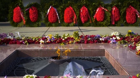 Eternal Flame memorial monument. Fire burns in memory of millions fallen people. Stock Footage 110589625