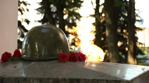 Eternal flame on the monument to unknown soldier Stock Footage 54991953