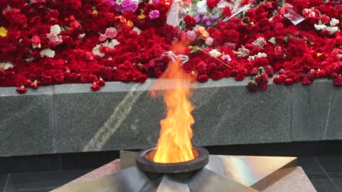 Eternal flame, surrounded by flowers in memory of the Victory in the Great Pa Stock Footage 88728046