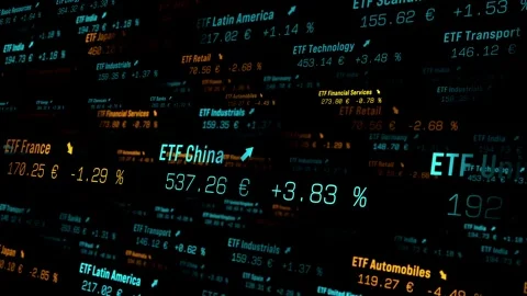 ETF exchange-traded fund, close up abstract stock market ticker Stock Footage 326320289