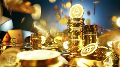 ETH cryptocurrency falling coins surrounded by gold bars 4k video footage Stock Footage 151020410