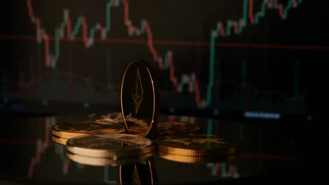 ETH symbol of digital crypto currency Etherium rotate on market chat backgrounds Stock Footage 87478627