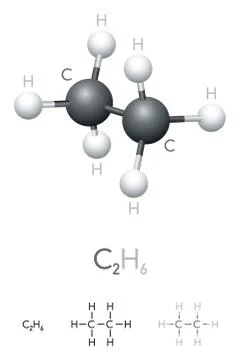 Ethane, C2H6, molecule model and chemical formula Stock Illustration