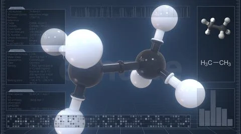 Ethane molecule with description on the computer screen, 3d rendering Stock Illustration
