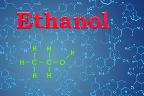 Ethanol. Chemical formula, molecular structure. 3D rendering Stock Illustration