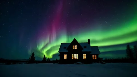Ethereal aurora illuminates a quiet abode Stock Footage 310385976
