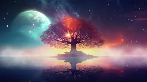 Ethereal Cosmic Tree with Celestial Bodies Video stock 264761853