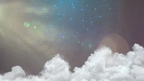 Ethereal glowing dust particles floating above fluffy white clouds in night sky Stock Footage 340940528