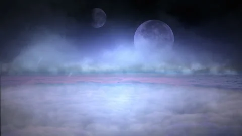 Ethereal Moonlit Cloudscape With Twin Moons Above Misty Foggy Horizon Stock Footage 342036824