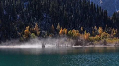 Ethereal morning mist floating over Issyk lake in autumn, Kazakhstan 库存影片 344557314