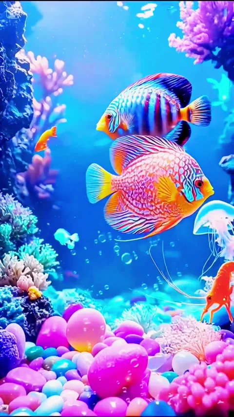 Ethereal Pink Coral Reef with Tiny Tropical Reef Fish Stock Footage 338221500