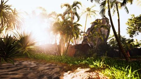 Ethereal sun rays piercing through exotic palm fronds in garden Stock Illustration