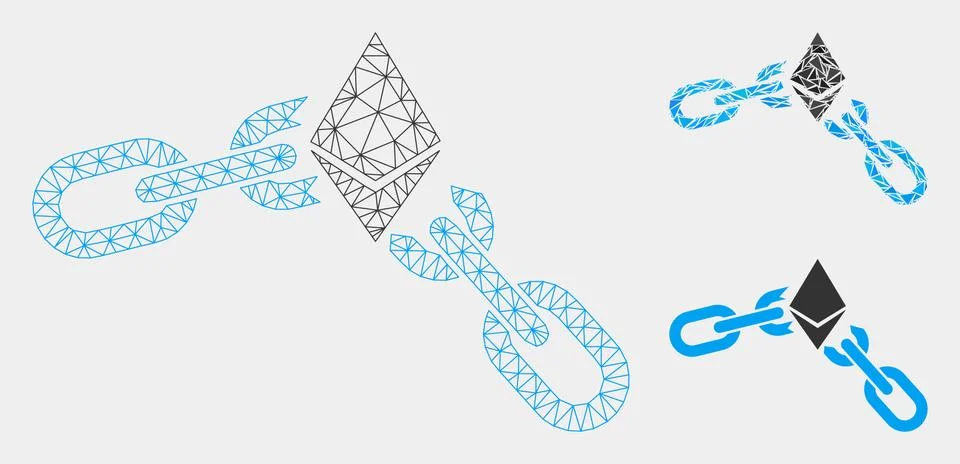 Ethereum Broken Chain Vector Mesh Wire Frame Model and Triangle Mosaic Icon Stock Illustration