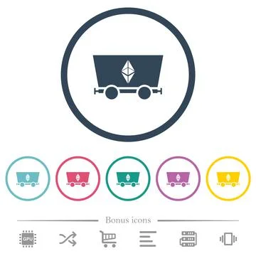 Ethereum classic criptocurrency mining flat color icons in round outlines Stock Illustration