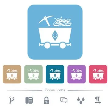 Ethereum classic cryptocurrency mining with treasure white flat icons on colo Stock-Illustration