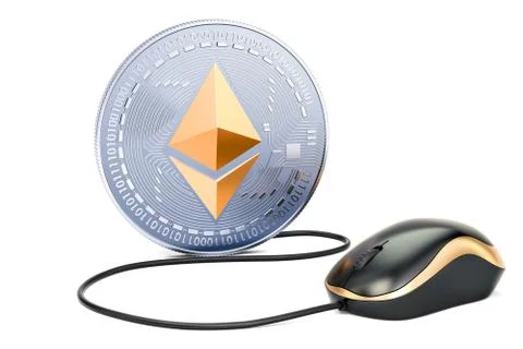 Ethereum coin with computer mouse. Mining concept, 3D illustration Stock Illustration