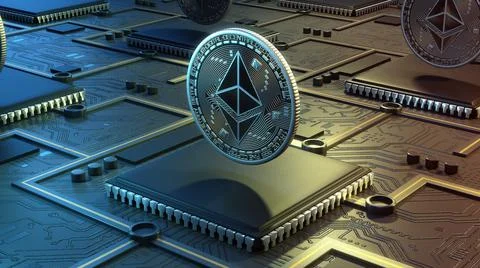 Ethereum Coin Hovering Above Microchip Illustration