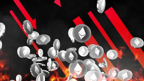 Ethereum crypto coin token with falling down arrow loop animation Stock Footage 160558327