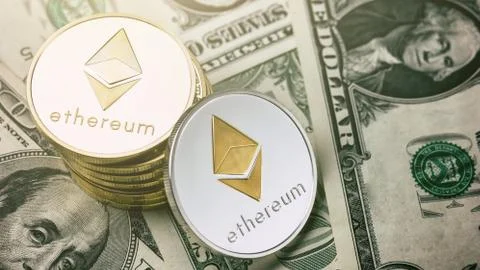 Ethereum crypto-currency on dollar notes Stock Photos