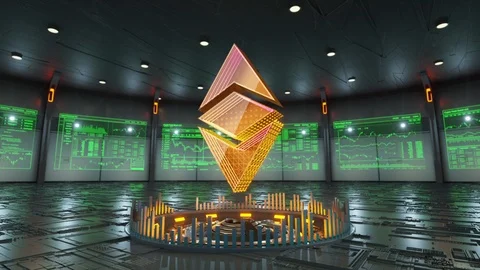 Ethereum crypto currency icon is surrounded by data screens Stock Footage 86874254