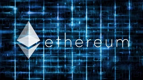 Ethereum crypto currency logo inside blue binary data tunnel. Stock Footage 155695333