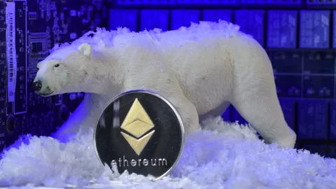 ETHEREUM CRYPTO eth coin bear market concept, snow  and ligth blue falls, 库存影片 198995443