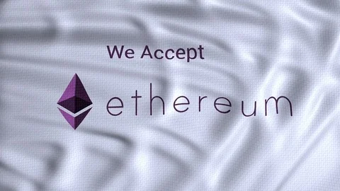 Ethereum cryptocurrency logo with text we accept ethereum, flag waving animated Stock Footage 80863787