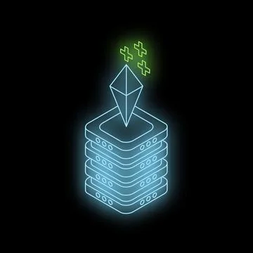 Ethereum cryptocurrency mining on server racks with neon effect Illustrazione stock