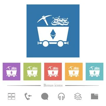 Ethereum cryptocurrency mining with treasure flat white icons in square backg Stock-Illustration