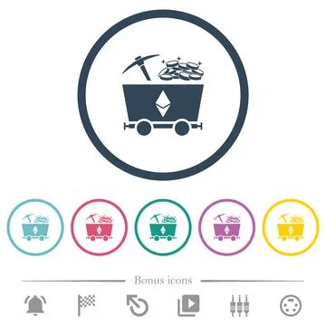 Ethereum cryptocurrency mining with treasure flat color icons in round outlin Stock-Illustration