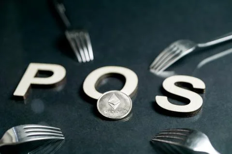 Ethereum Cryptocurrency switching from POW, GPU mining to POS concept with forks Stock Photos