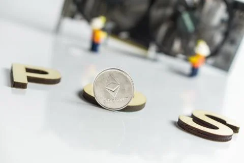 Ethereum Cryptocurrency switching from POW, GPU mining to POS, POS sign with Stock Photos