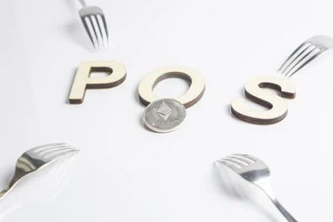 Ethereum Cryptocurrency switching from POW, GPU mining to POS concept with forks Stock Photos