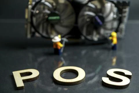 Ethereum Cryptocurrency switching from POW GPU mining to POS, POS sign with Stock Photos