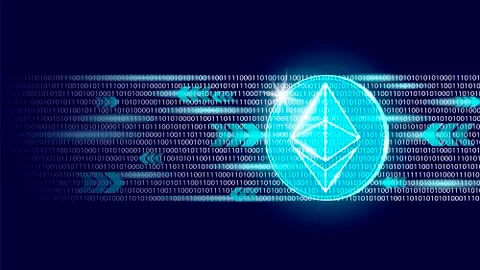 Ethereum digital cryptocurrency sign binary code number. Big data information Illustrazione stock