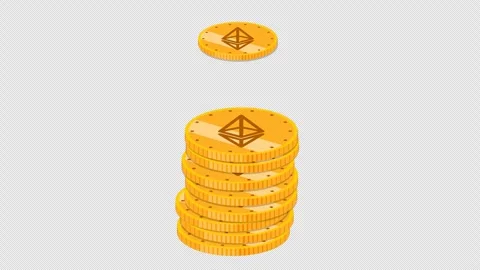 Ethereum eth crypto coins falling on a single stack - cartoon style animation 스톡 동영상 310615145