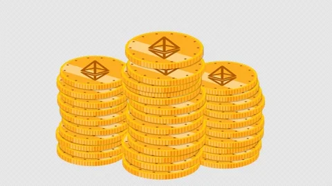 Ethereum eth cryptocurrency coins falling on a pile - cartoon style animation Stock Footage 310615245