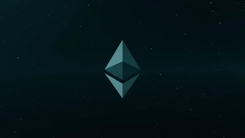 Ethereum ETH Cryptocurrency Dark Blue Logo Coin 3d Pixel Storm Retro Stock-Footage 150387949