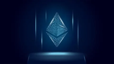 Ethereum ETH cryptocurrency token symbol, coin icon on dark polygonal wireframe Stock Illustration