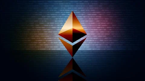 Ethereum ETH cryptocurrency token symbol, coin icon on dark digital background Illustrazione stock
