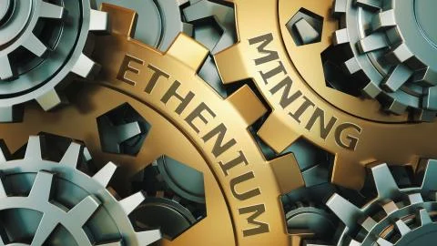 Ethereum (ETH) mining concept. Gold and silver gear weel background illustrat Illustration
