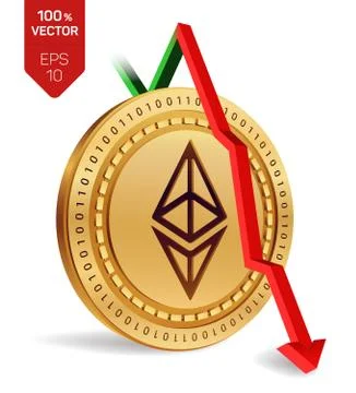 Ethereum. Fall. Red arrow down. Ethereum index rating go down on exchange mar Illustrazione stock