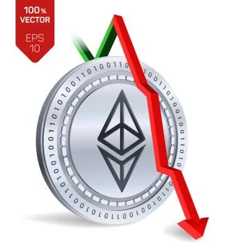 Ethereum. Fall. Red arrow down. Ethereum index rating go down on exchange mar Stock Illustration