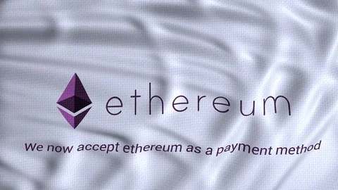 Ethereum flag waving with text we now accept ethereum as a payment method Stock Footage 80863829