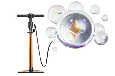Ethereum inside soap bubble with pump. Financial bubble concept, 3D rendering Illustrazione stock